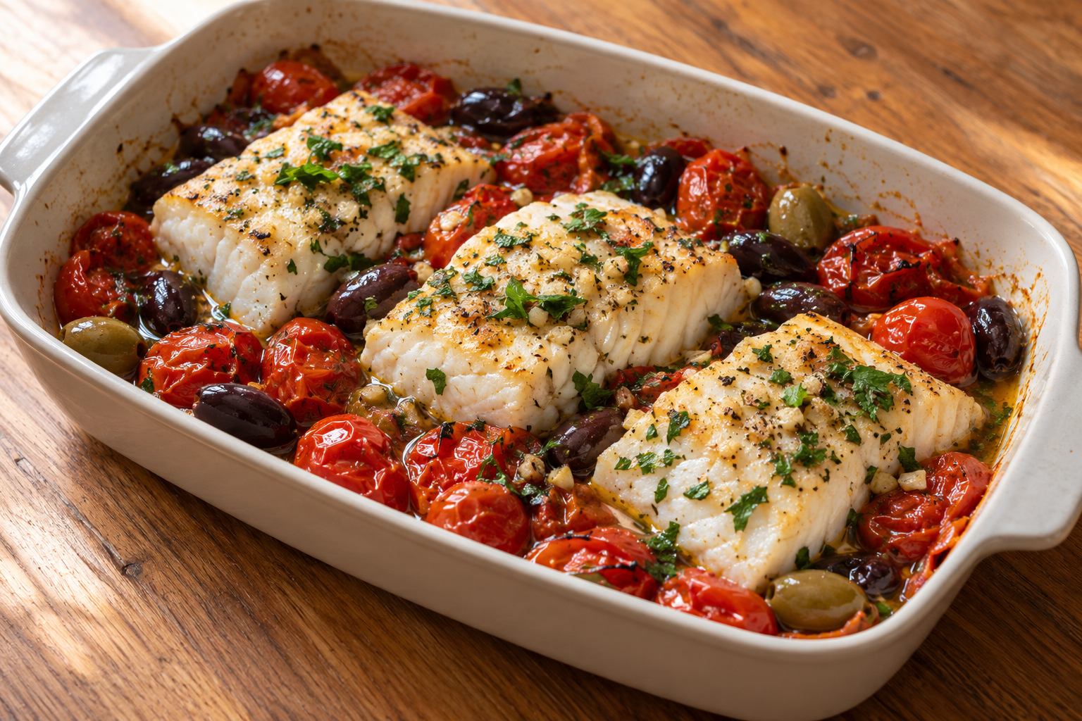 Mediterranean baked cod with roasted cherry tomatoes, olives, garlic, and parsley in a baking dish.