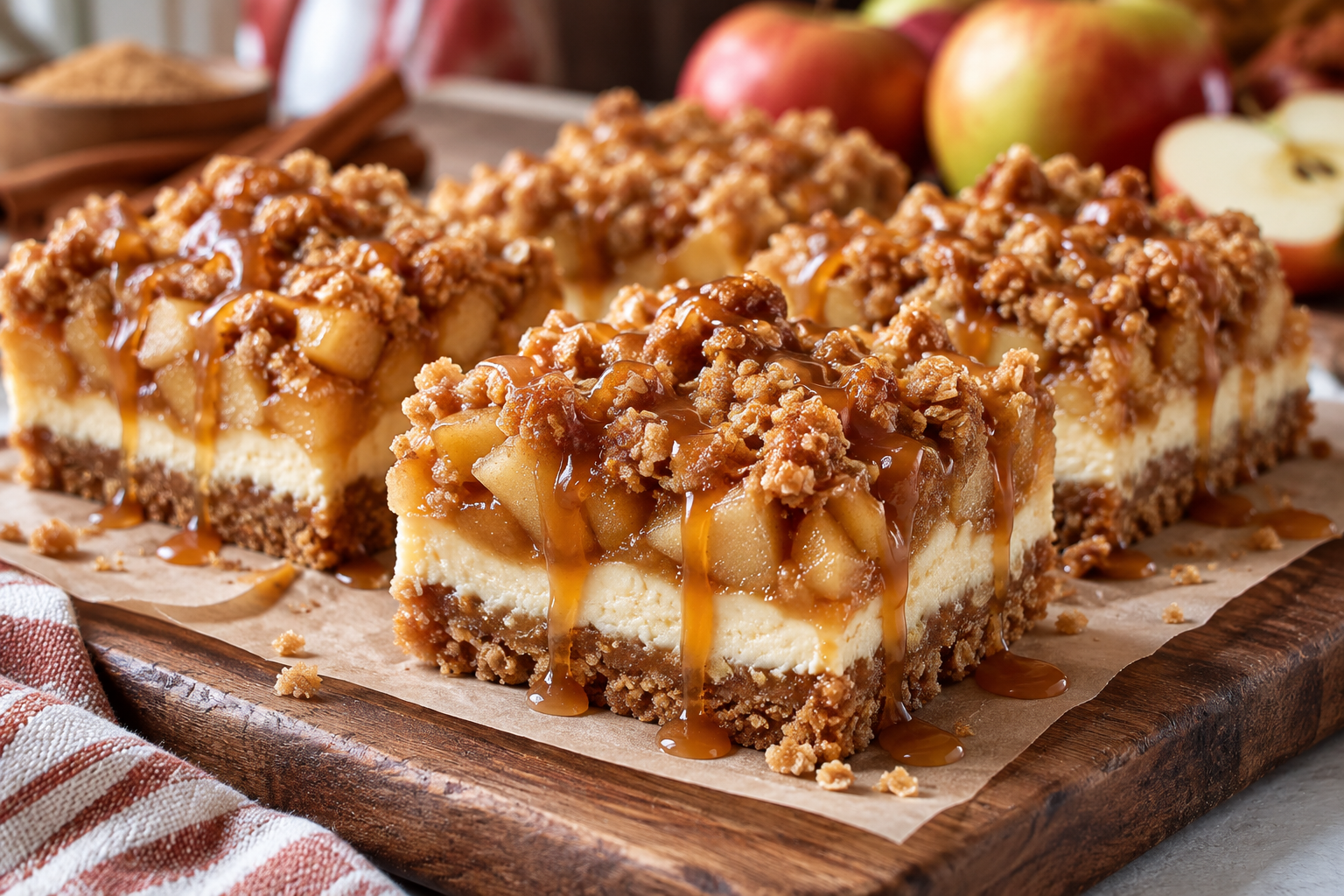 Caramel apple cheesecake bars with brown sugar streusel and caramel drizzle