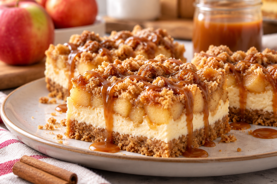 Caramel Apple Cheesecake Bars with brown sugar streusel and caramel drizzle
