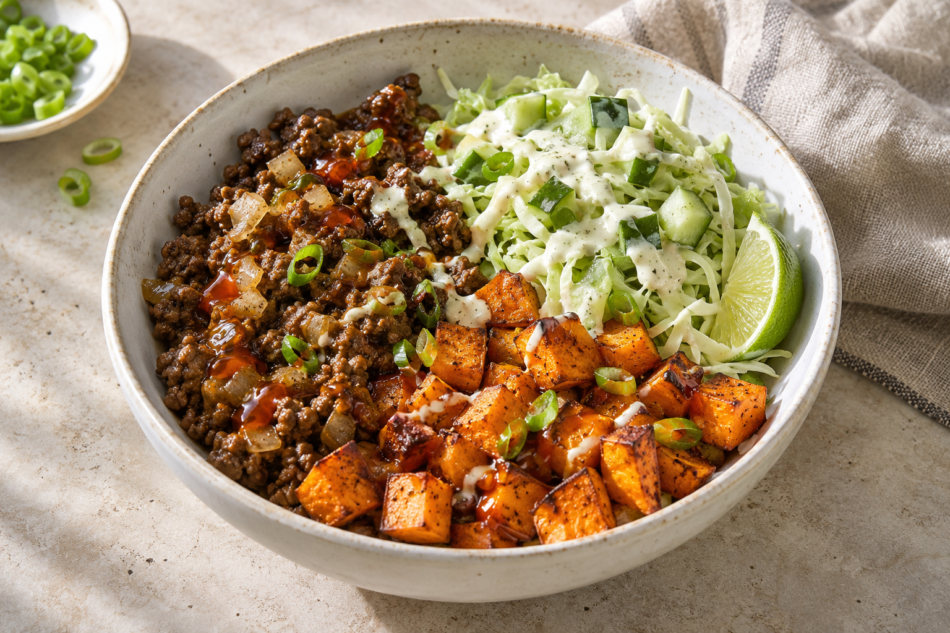 Hot honey ground beef bowls with crispy sweet potatoes and lime slaw