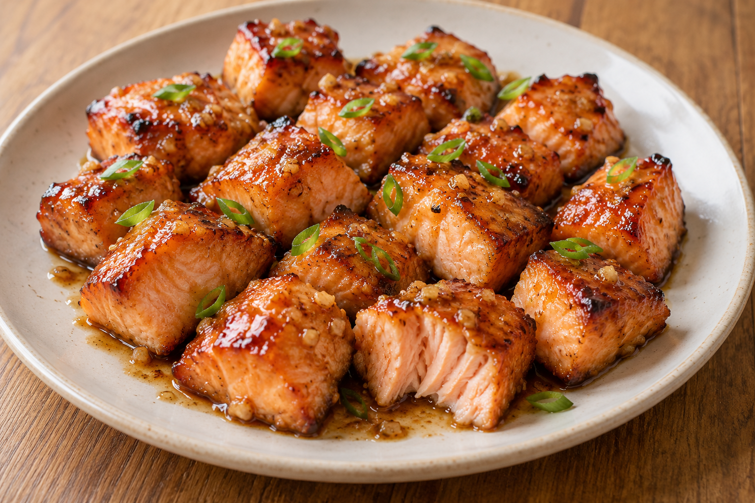 Air fryer honey garlic salmon bites glazed with a sticky sauce