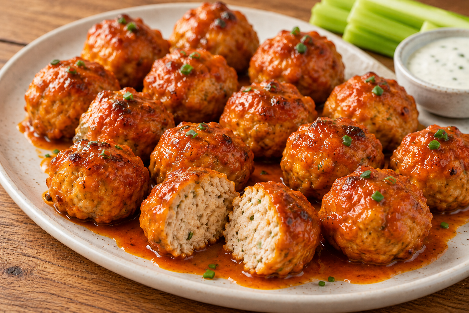 Baked Buffalo chicken meatballs coated in spicy sauce with ranch dressing