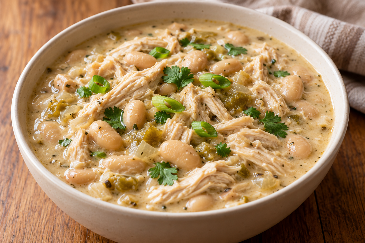 Creamy white bean chicken chili with corn, green chiles and cilantro