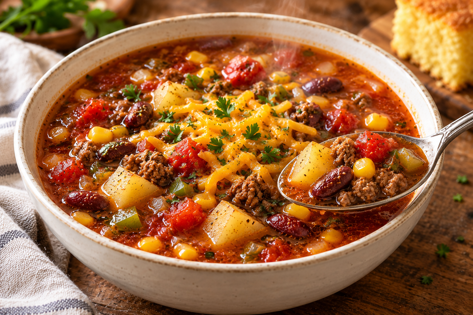 Hearty Cowgirl Soup with ground beef, beans, corn and vegetables