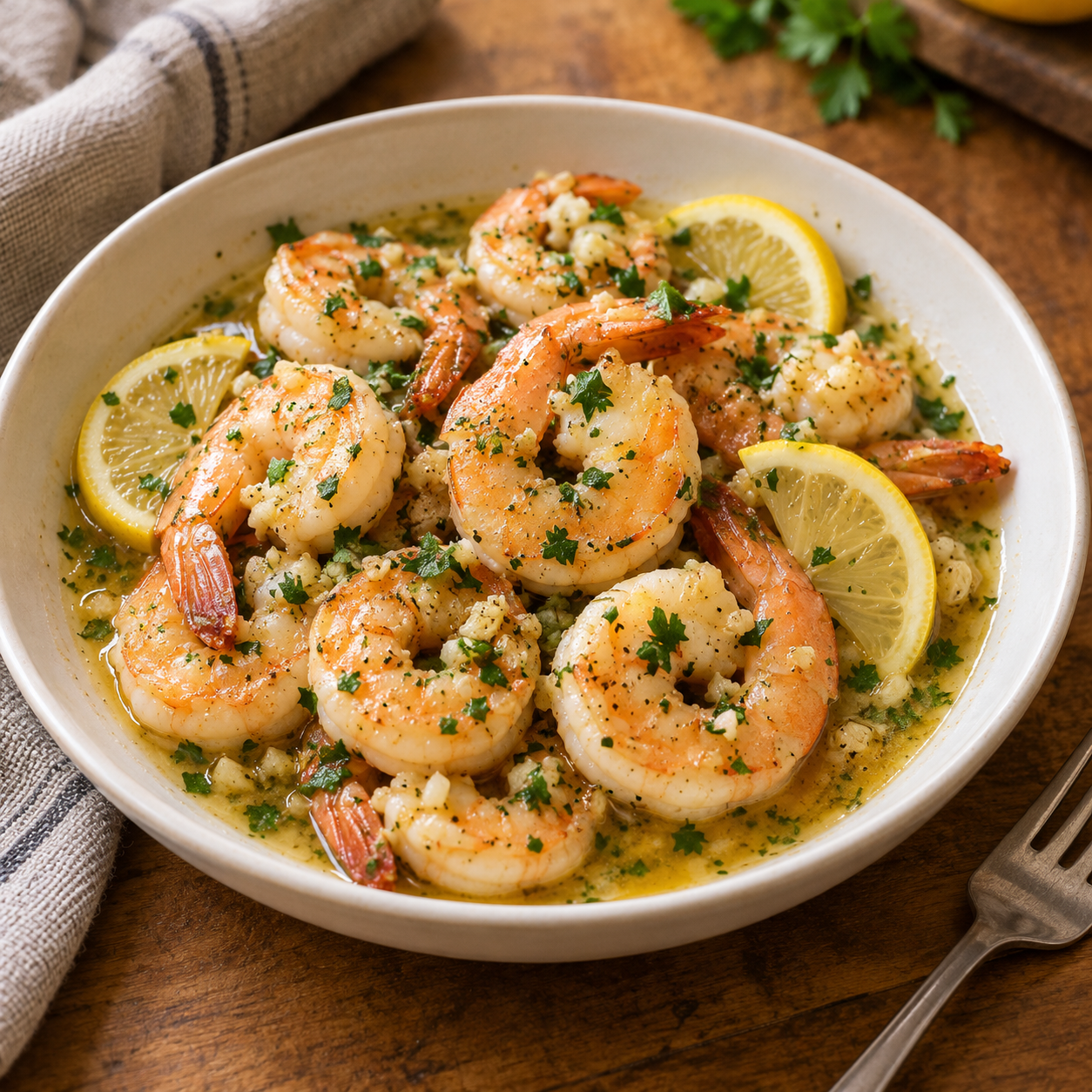 Lemon garlic shrimp scampi without wine served with linguine and parsley