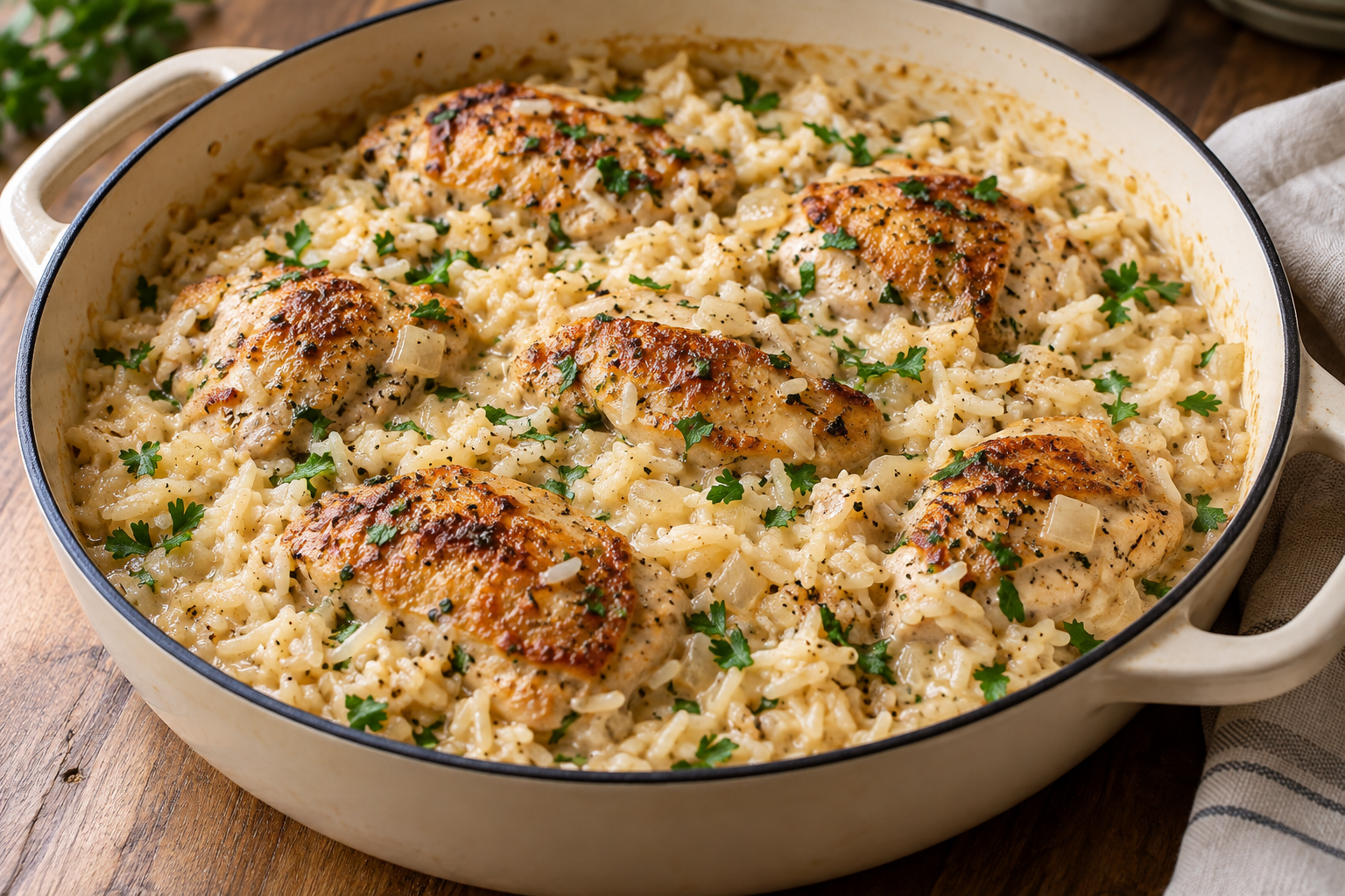 Creamy chicken and rice cooked in one pot with vegetables and fresh parsley