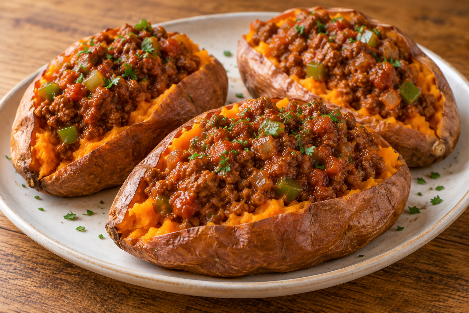 Baked sweet potatoes filled with homemade Sloppy Joe ground beef