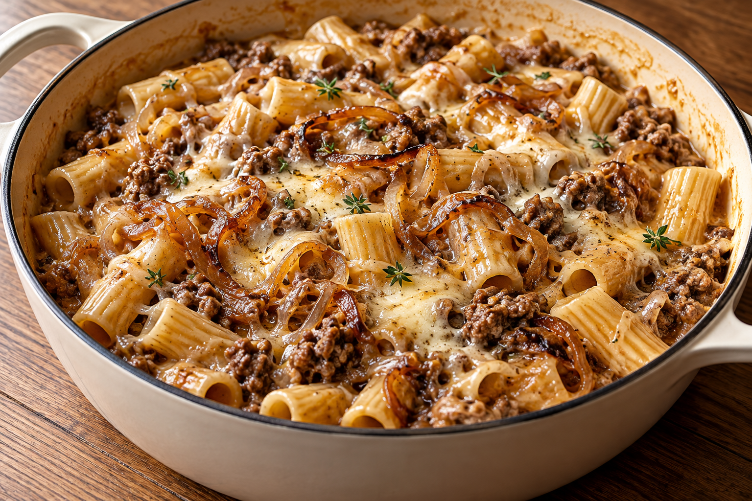 Creamy one-pot French onion beef pasta with caramelized onions and melted cheese