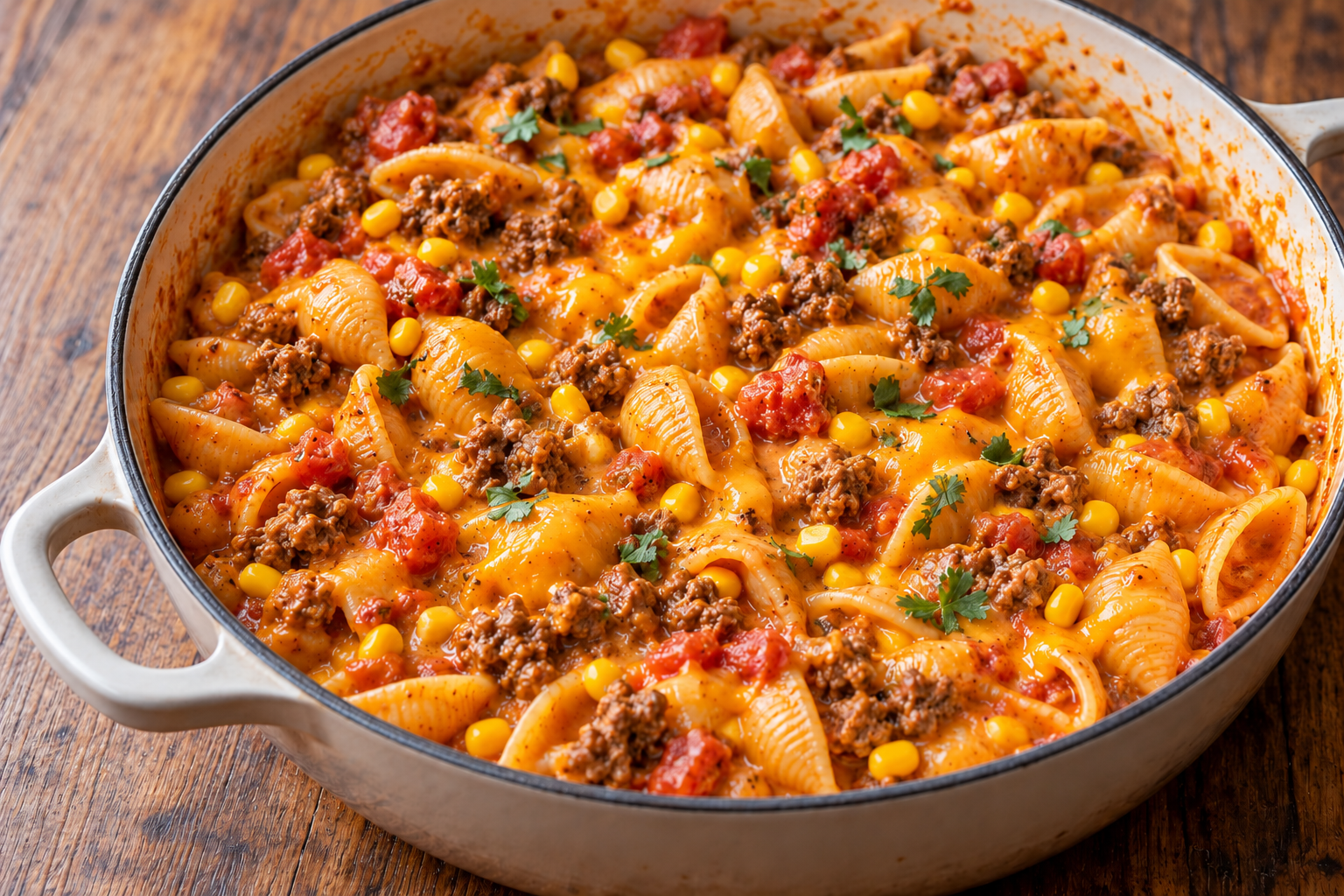 One-pot ground beef taco pasta with cheddar cheese and fresh toppings