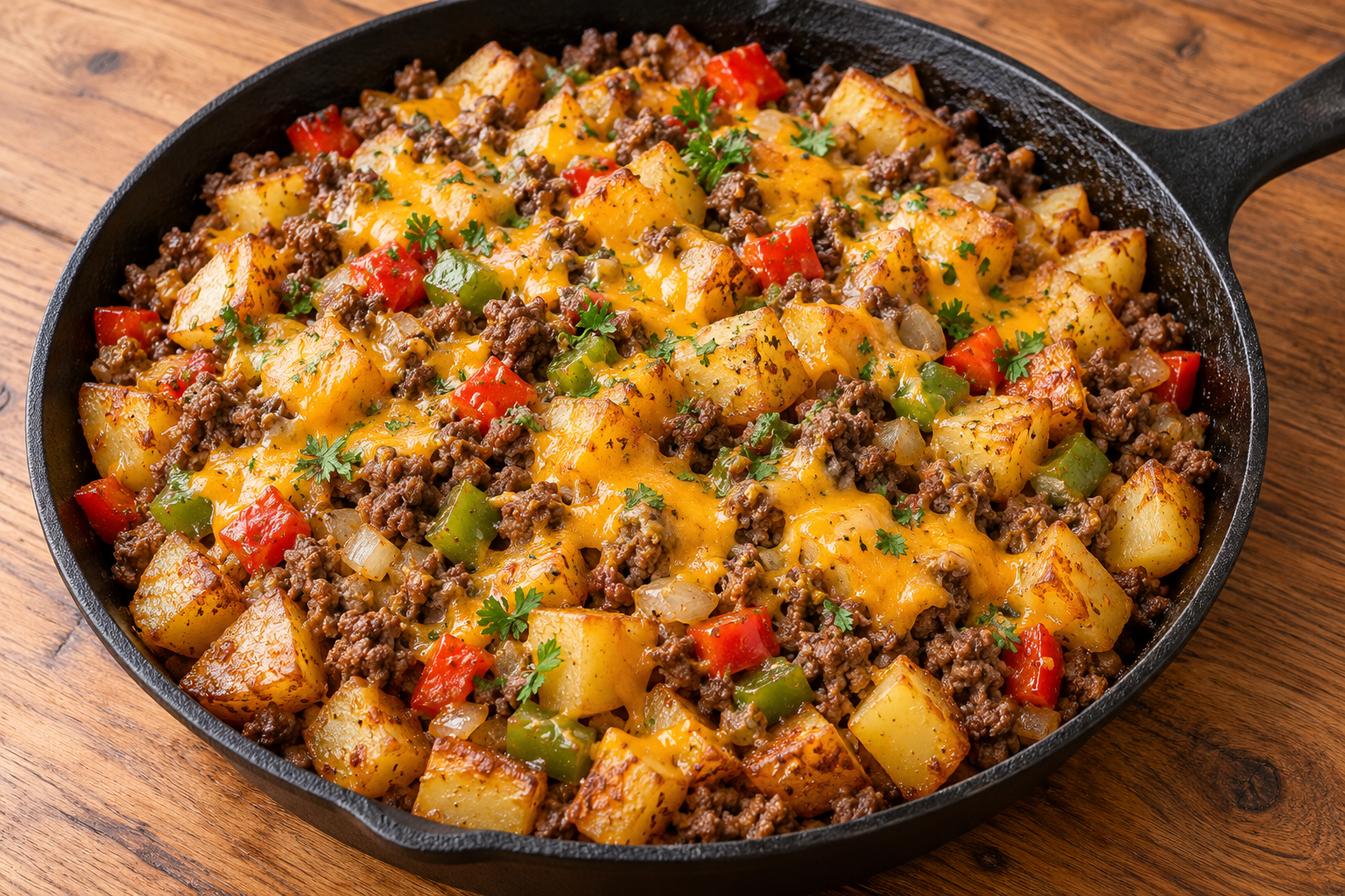 Cheesy ground beef and potato skillet with melted cheddar and fresh parsley